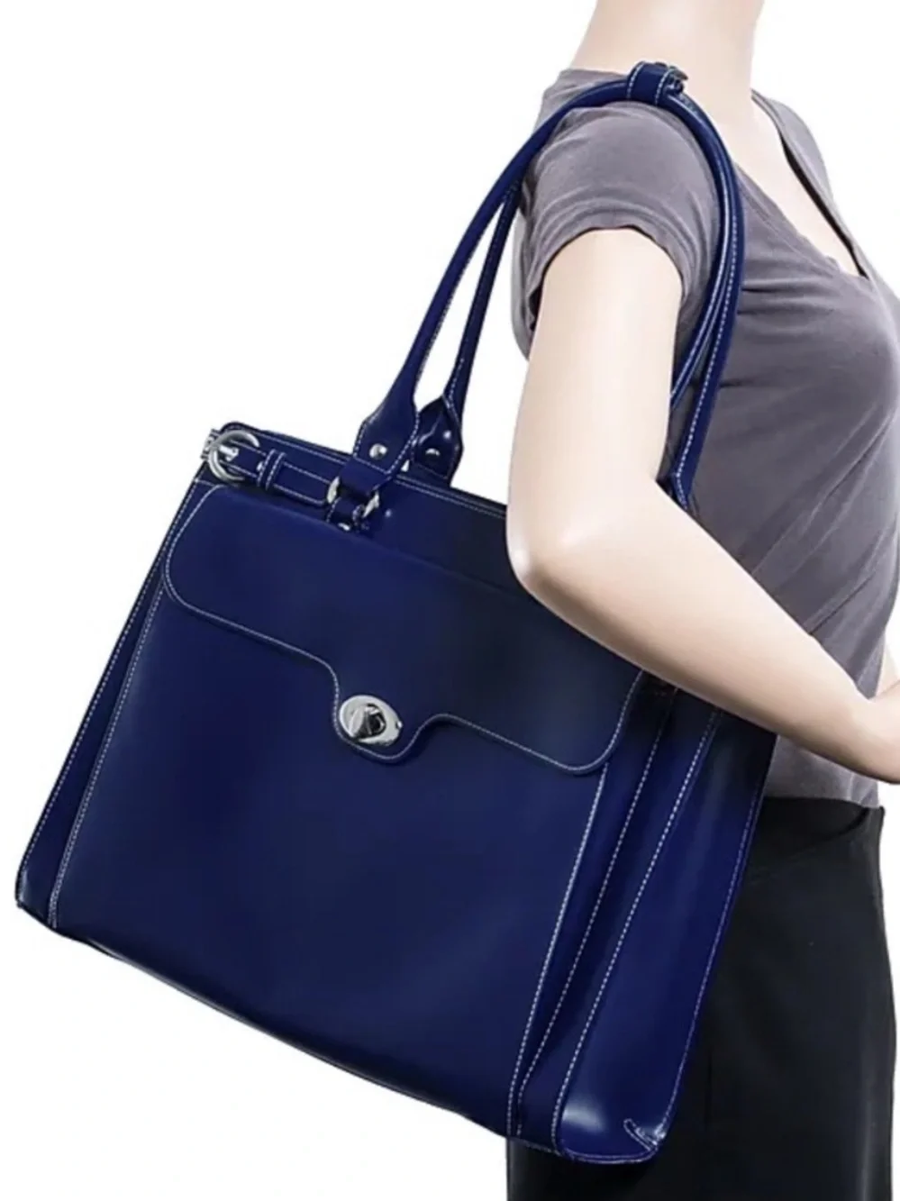Mcklein Winnetka Briefcase navy blue leather travel silver hardware elegant